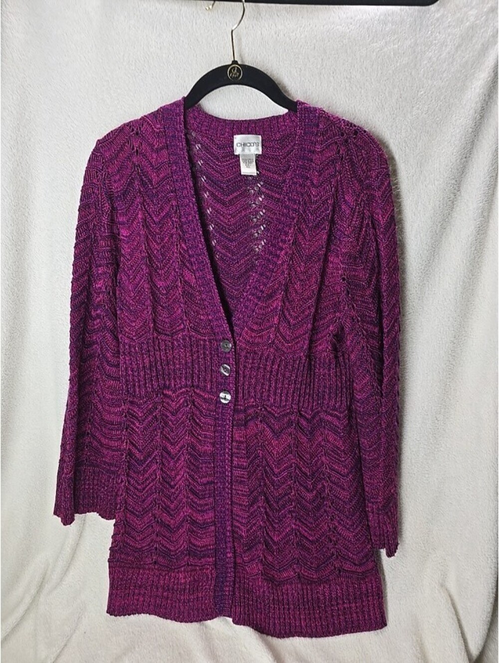 Chicos Sweater Womens 1 Reg. MediumPurple Marled Knit Stretch Cardigan Button Up